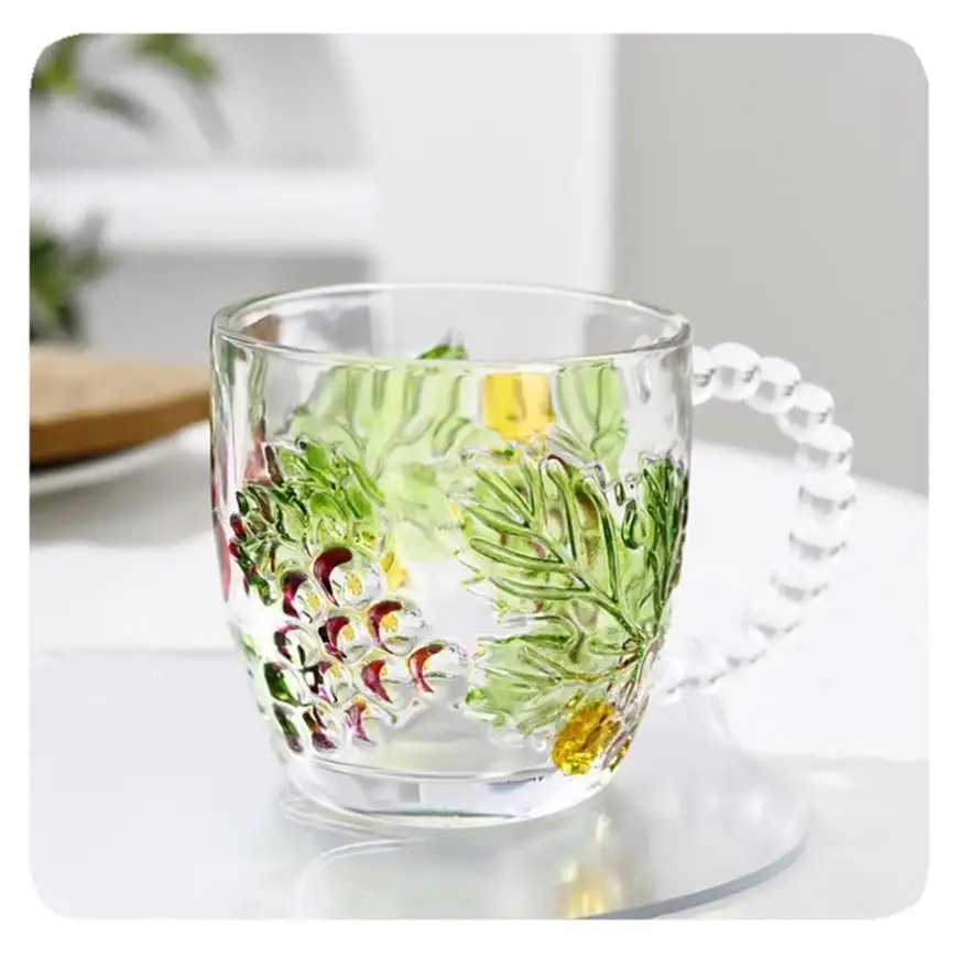 New Vintage Glass Mugs Cute Coffee Bar Accessories Clear Embossed Hand Drawn Leaves Colorful Breakfast Tea Cups Cappuccino Latte
