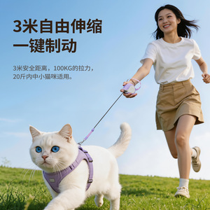 Mini laisse rétractable pour animaux de compagnie, 3 mètres de long, mains libres, pour chat, matériau plastique violet et orange - Product Image 4