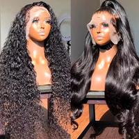 Perruque frontale en cheveux indiens bruts, vierges, cuticules alignées, 100 % sans colle, transparente, grade 12A, longue, en cheveux humains, noire