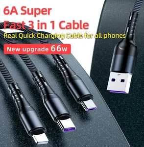 Hotriple A13MTL kualitas tinggi 1.2M 6A kain kepang aluminium pengisian Super cepat beberapa kabel Data 3 in 1 3in1 jalur Data USB