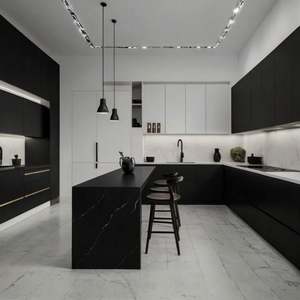 AisDecor Designs de cuisine îlot moderne Armoires de cuisine complètes noir mat brillant - Product Image 4