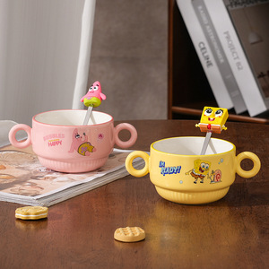 Ciotola in Ceramica <span class=keywords><strong>SpongeBob</strong></span> <span class=keywords><strong>Patrick</strong></span> con Doppio Manico e Cucchiaio Abbinato, Ciotola per Bambini, Ciotola in Porcellana per Colazione, Regalo - Product Image 1