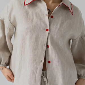 Conjunto de pijama de lino suave y transpirable con parche de fresa dulce y ribete rojo encantador, perfecto para una comodidad acogedora en el hogar para mujeres - Product Image 5