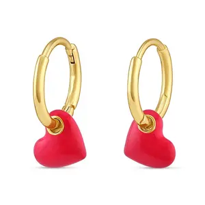 宝石顶级品质奢华批发女性饰品趣味红色珐琅心形悬挂护身符14k金箍耳环
