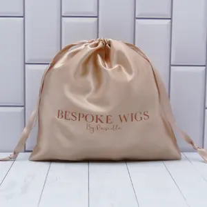 Bolsa de armazenamento de cetim marrom, logotipo personalizado, estampada, cordão, bolsa de luxo de cetim para embalagem de cabelo, bolsas