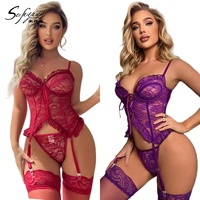 Sfy3573 Nouvelle arrivée Ensemble de lingerie sexy en dentelle Tailles plus grandes 1XL 2XL Soutien-gorge et culotte transparents pour femmes 3 pièces Lingerie exotique