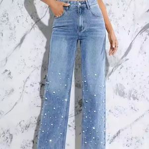 Jeans de Mezclilla Clásicos Azul Claro para Mujer, Diseño con Pedrería, Estilo Urbano, Transpirables y Cómodos, Nuevo Estilo 2025 - Product Image 1