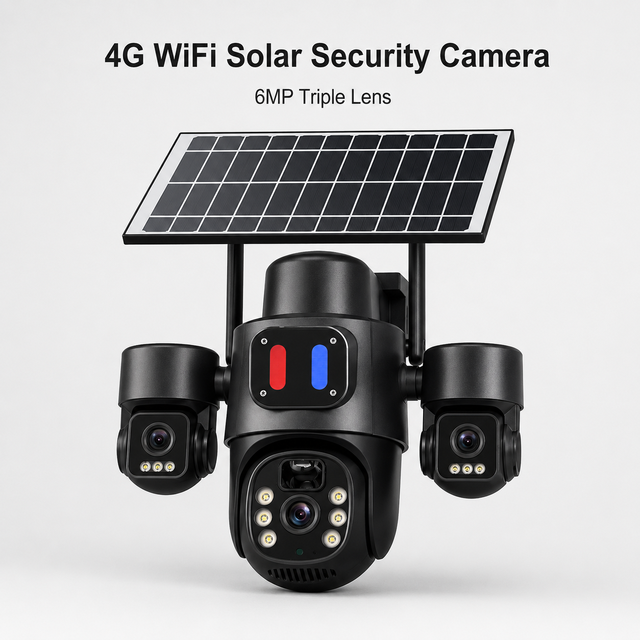 4G WiFi Solar Security Camera 6MP Triple Lens Outdoor IP66 CCTV Camera with SIM Card Support and PIR Detection