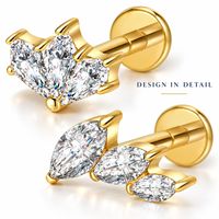 Piercings labret en titane ASTM F136 plaqué or 14 carats avec feuille florale en oxyde de zirconium et griffes, pour lèvre