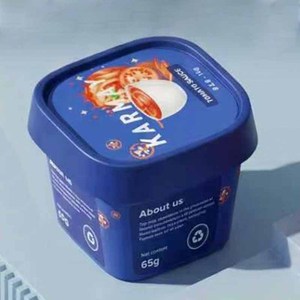 Envase cuadrado de salsa de tomate KARM de PP con tapa de 65g, logo impreso digitalmente, embalaje azul, vasos de plástico IML, vasos de PP reciclables - Product Image 1
