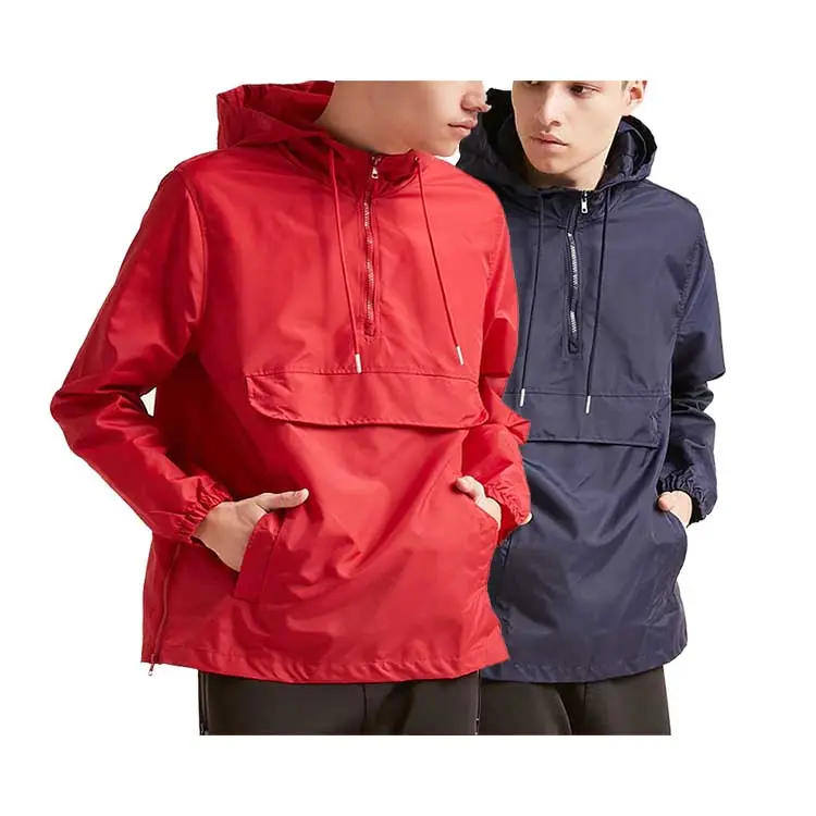 blank custom jacket pullover windbreaker men's hooded side-zip anorak with front flap pocket