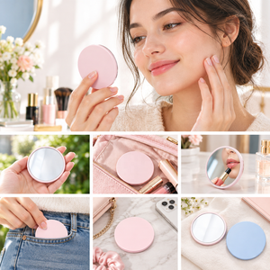 Espejo Cosmético de Bolsillo Portátil de 7 cm, Rosa Claro y Azul Claro con Logotipo Personalizado en la Parte Posterior - Product Image 2