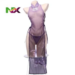 Costume de <span class=keywords><strong>cosplay</strong></span> d'anime <span class=keywords><strong>Sakura</strong></span> Cheongsam pour femmes, robe transparente en maille à fleurs, robe Qipao violette, lingerie élégante, costumes de télévision et de cinéma - Product Image 1