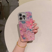 Coque de téléphone fleur de peinture à l'huile de strass bleu haut de gamme pour iPhone 15 14 13 12 11 pro max couverture arrière dure anti-chute