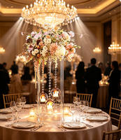 Support à fleurs haut de gamme en acrylique transparent avec chaîne en cristal et globes en verre pour bougies, centre de table de mariage pour décoration de jardin et de banquet