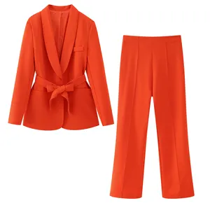 Orange color sashes long sleeve notched collar casual fashion blazer jacket for women