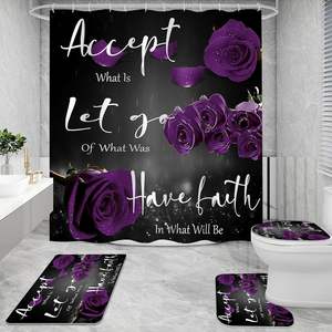 4 ensembles de salle de bain Purple Rose avec tapis <span class=keywords><strong>antidérapant</strong></span> <span class=keywords><strong>pour</strong></span> couvercle de toilette Tapis de bain Grateful Blessed Black Purple Home Decor en stock - Product Image 1