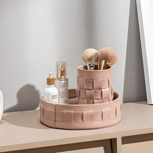 European style leather desktop <b>storage</b> basket, miscellaneous item tray, cosmetic <b>storage</b> <b>box</b>, decorative woven basket <b>storage</b> - Product Image 5