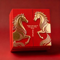 Coffret Cadeau Nouvel An 2026 Personnalisé Haut de Gamme Rouge Classique Doré à Double Porte Motif Cheval Double Papier Cuivré OEM