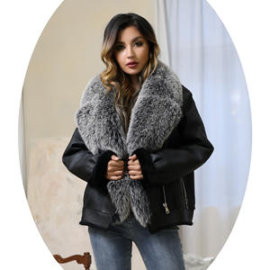 Janefur popolare giacca di pelliccia di pelle di lusso per moto da donna inverno <span class=keywords><strong>cappotto</strong></span> a doppia faccia in pelle di pecora fresca nera <span class=keywords><strong>con</strong></span> finiture in pelliccia grande - Product Image 1