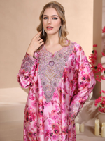 Abaya décontractée en satin à imprimé floral, broderie à la main, strass, manches longues, robe maxi modeste, Eid, Ramadan, mariage, adultes