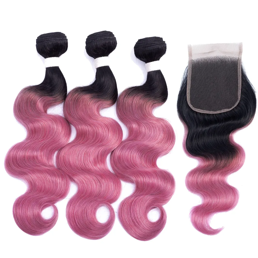 Royce Virgin Indian Raw Temple Hair 100% Human Hair curly Bundles with closure OT colors Body Wave 1B Pink Two Tone color