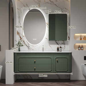French retro green ceramic integrated basin intelligent <b>mirror</b> cabinet bathroom cabinet - Product Image 5