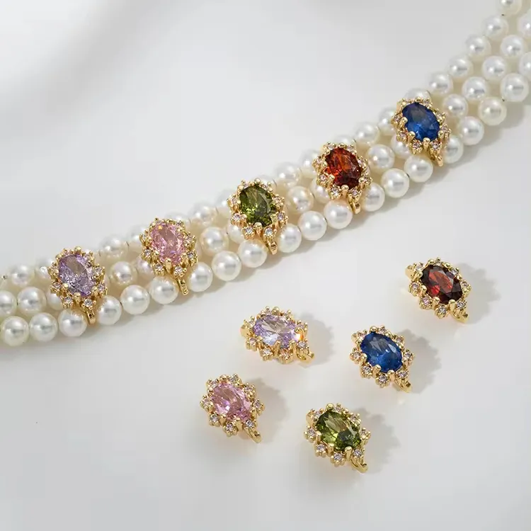 Perles d'espacement en zirconium de couleur elliptique incrustées plaqué or 14 carats pour la fabrication de bijoux