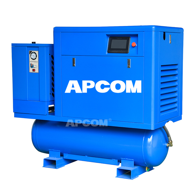 Low Noise APCOM High Pressure Mini Integrated Package Rotary Screw Air Compressor with tank Dryer and Filter