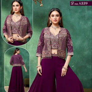 Designer Indo Western Palazzo Suit <b>for</b> Women with Embroidered <b>Jacket</b> Style Crop Top <b>for</b> Festive <b>Wedding</b> Party Wear - Product Image 1