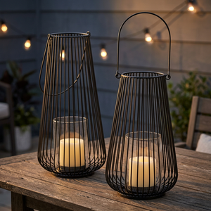 <b>Set</b> of 2 Black Wire <b>Lanterns</b> with Candle Holders Modern Design for Ambient Lighting and Stylish Home Decor - Product Image 1
