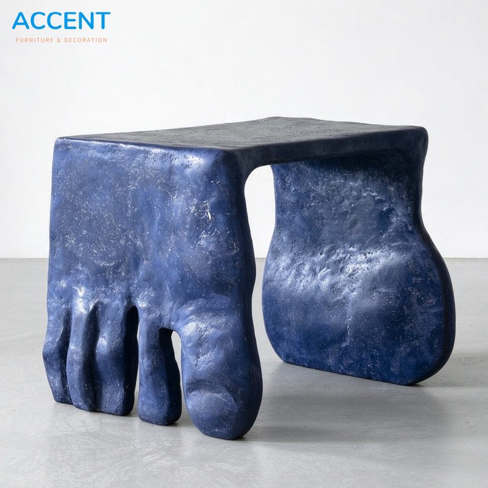 Deep Blue Rough Texture FRP Foot Shape Accent Stool for Curated Gallery ...