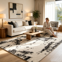 Tapis géométrique jacquard en polypropylène, design monochrome, antibactérien, hauteur de pile 9 mm, fin, antidérapant pour salon et chambre
