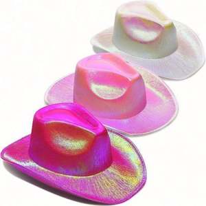 Sombrero de Vaquero Brillante con Neón - Divertido Sombrero de Vaquera Rosa con Luces Holográficas Metálicas para Fiestas Disco - Product Image 1