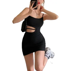 Hete Mode Vrouwen Sexy Bodycon Mini Jurk Mouwloze Spaghettiband Effen Kleur Uitgesneden Jurk