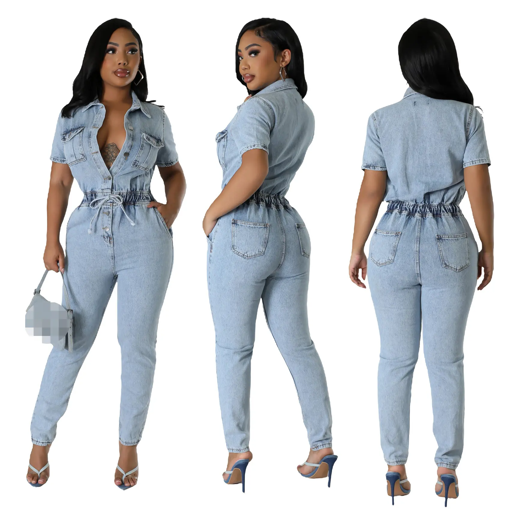 2024 Sexy Casual High Waist Single-breasted Short Sleeve Lapel Button Bodysuit Denim Jeans Jumpsuit