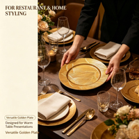 Assiette de présentation en plastique PP dorée sur mesure, motif abstrait feuille en relief, pour décoration de table de mariage ou de fêtes