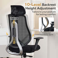 Chaise de bureau ergonomique AJUNION avec dossier en maille rafraîchissante, dossier réglable sur 10 niveaux, accoudoirs 3D en PU, appui-tête incurvé, chaise inclinable à 3 positions