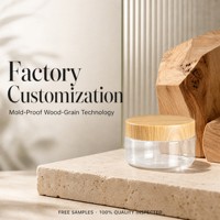 Pot de conservation alimentaire transparent en PET avec couvercle à vis anti-fuite, col à 56 dents, couvercle à motif bois par transfert d'eau, étiquette personnalisée avec impression UV