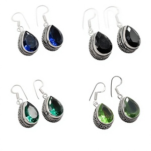 Vintage 925 Silver Pear Cut Crystal Drop <b>Earrings</b> For Women Everyday Wear Bezel Setting Water Drop Shape Green Blue Black Colors - Product Image 1