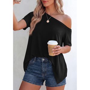Haut d'été asymétrique à épaules dénudées pour femme, tunique ample à manches courtes, chemisier décontracté en polyester tricoté respirant - Product Image 5