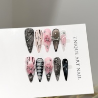 Faux ongles press-on faits main personnalisés rose poudré avec ruban pailleté, faux ongles nœud perlé, pointes en cristal, ensemble Coquette