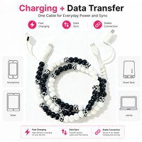 Kabel Pengisi Daya Berhias Manik-Manik Motif Sapi 4 in 1, Kabel Multi Charger USB Tipe C Multi Konektor Hitam Putih untuk Ponsel