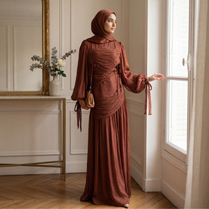 Elegante y Modesto Vestido Maxi Abaya Musulmán de Poliéster con Cuello en V, Manga Larga, Fruncido y Acampanado, Moldeador para Altas Temperaturas, Nueva Colección Primavera 2026 - Product Image 1