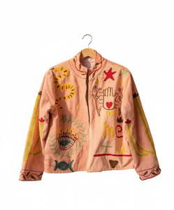 Chaqueta vaquera rosa bordada para mujer con cremallera, cuello alto y manga corta, ropa exterior personalizada al por mayor - Product Image 1