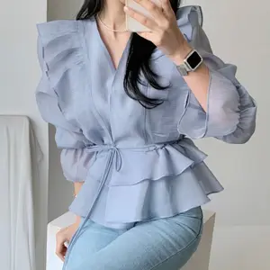 Wholesale Spring and Summer New 2022 V-neck Tie Ruffled Flared Sleeve Top Solid Color Fashion Sweet Sunscreen Women's Blouses