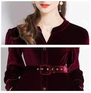 Autunno e inverno elegante donna moda medio manica lunga <span class=keywords><strong>abito</strong></span> di <span class=keywords><strong>velluto</strong></span> in <span class=keywords><strong>bordeaux</strong></span> - Product Image 6