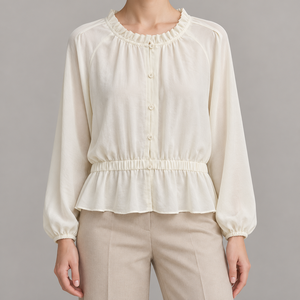 <b>Womens</b> Ruffle Neck <b>Blouse</b> <b>Long</b> Raglan Sleeves Button Front Elastic Waist Peplum Top Wholesale - Product Image 1