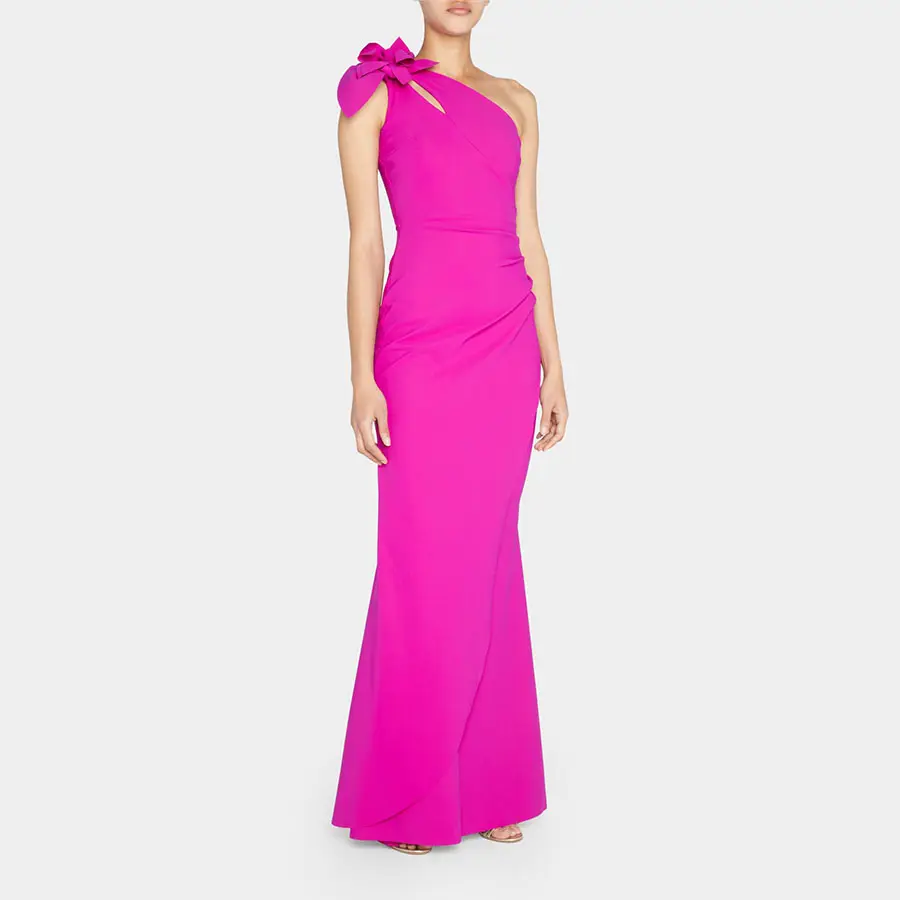 고품질 우아한 한 어깨 긴 Bodycon 자홍색 네온 핑크 저지 이브닝 드레스 런던 상점
