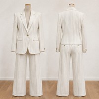 Ensemble deux pièces pour femme OEM, blazer à rayures fines de haute qualité, revers cranté, boutons dorés, pantalon large, logo personnalisé